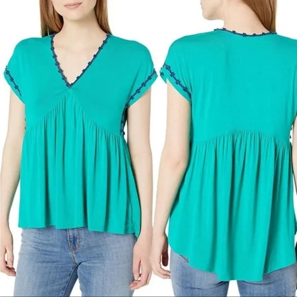Nanette Lepore Teal Green Short Sleeve Flowy V-Neck yarn trim Blouse size L - Picture 1 of 16